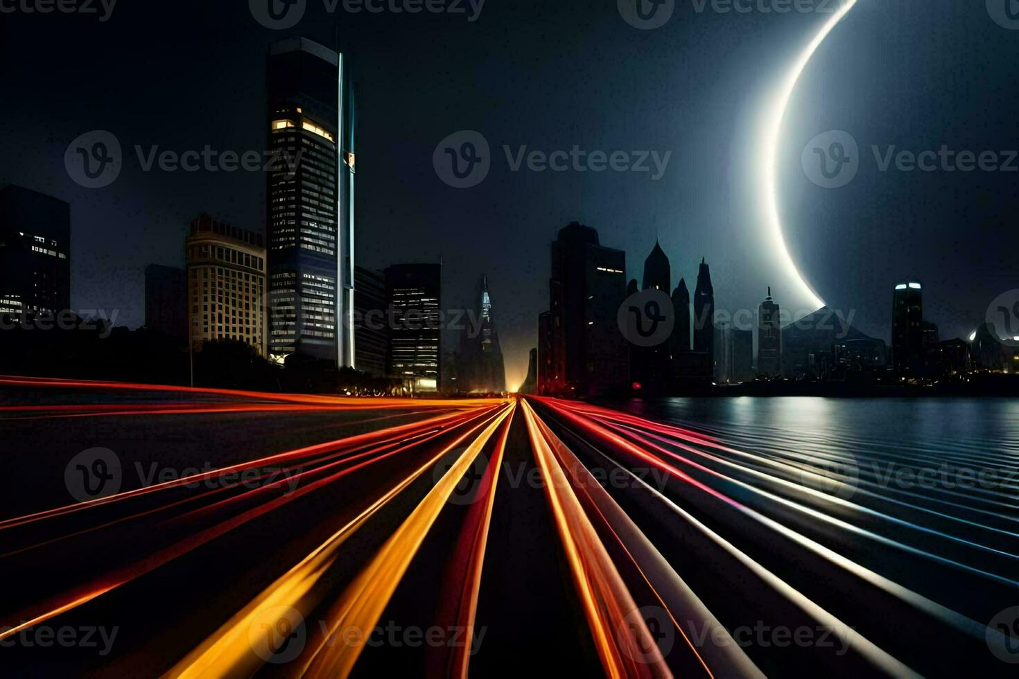 a city at night with a moon in the sky. AI-Generated photo