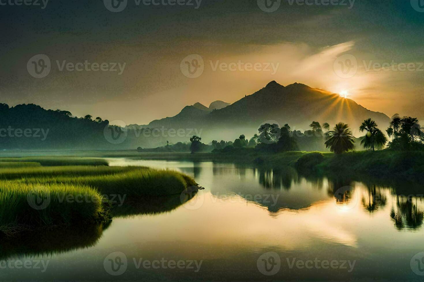 the sun rises over the mountains and the river. AI-Generated photo