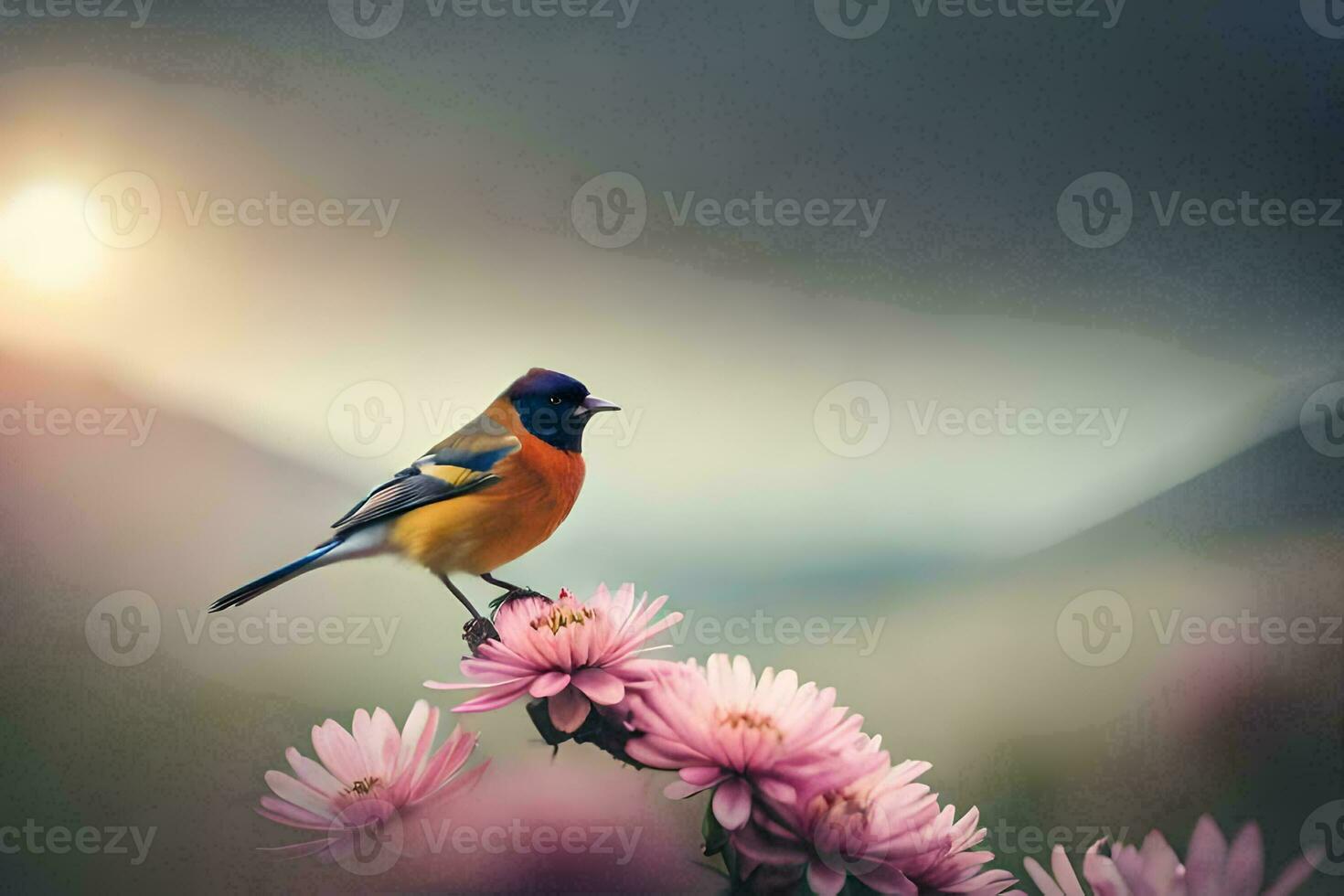 a bird is perched on top of some pink flowers. AI-Generated photo
