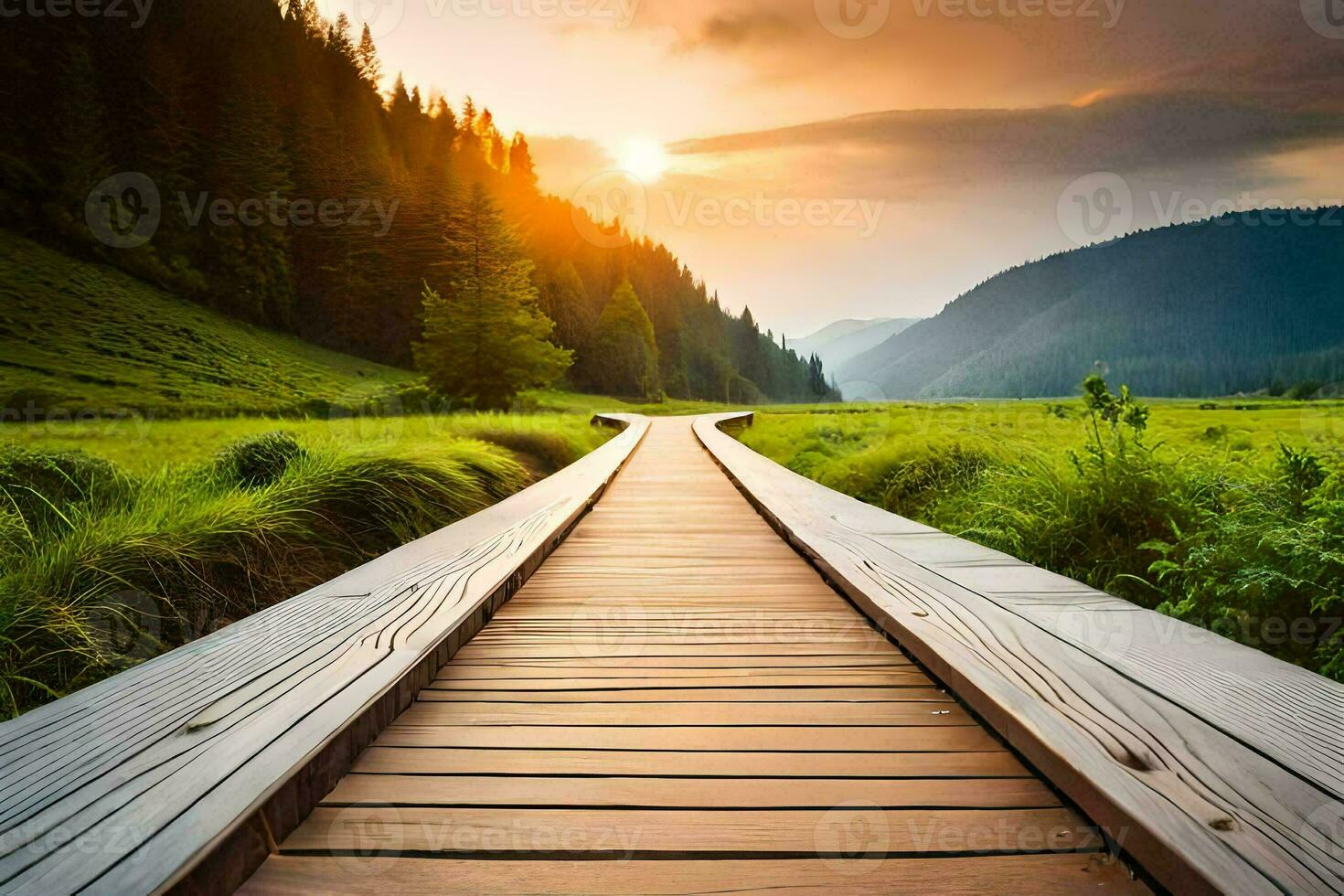 a wooden path leads to a green field and mountains. AI-Generated photo