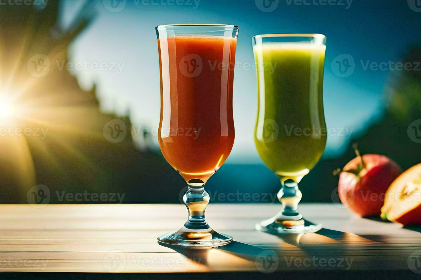 two glasses of juice on a table. AI-Generated photo