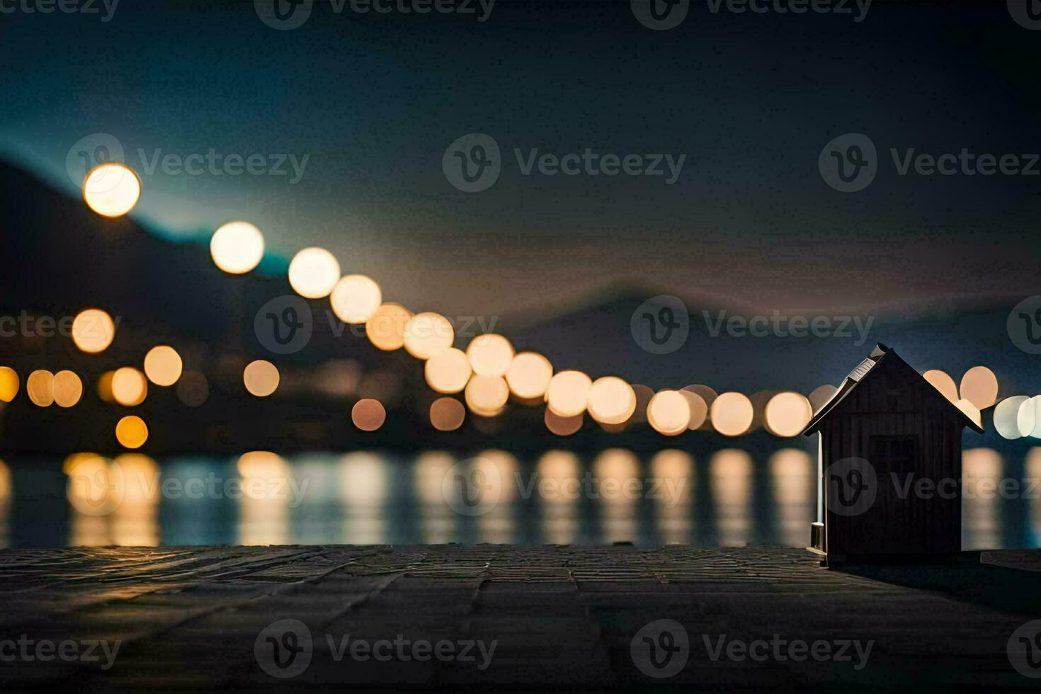 a small house sits on the edge of a dock at night. AI-Generated photo