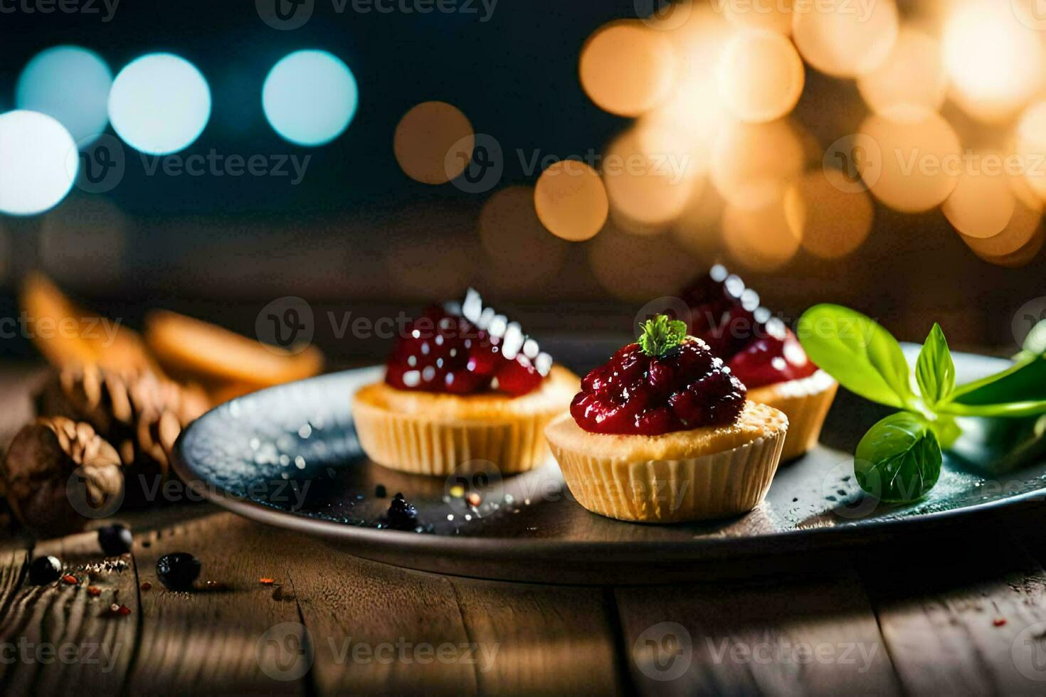 three mini cupcakes on a plate with a wooden background. AI-Generated photo