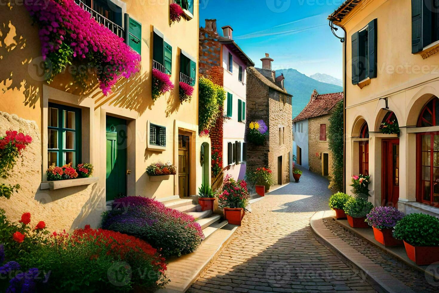 a cobblestone street with colorful flowers and plants. AI-Generated photo