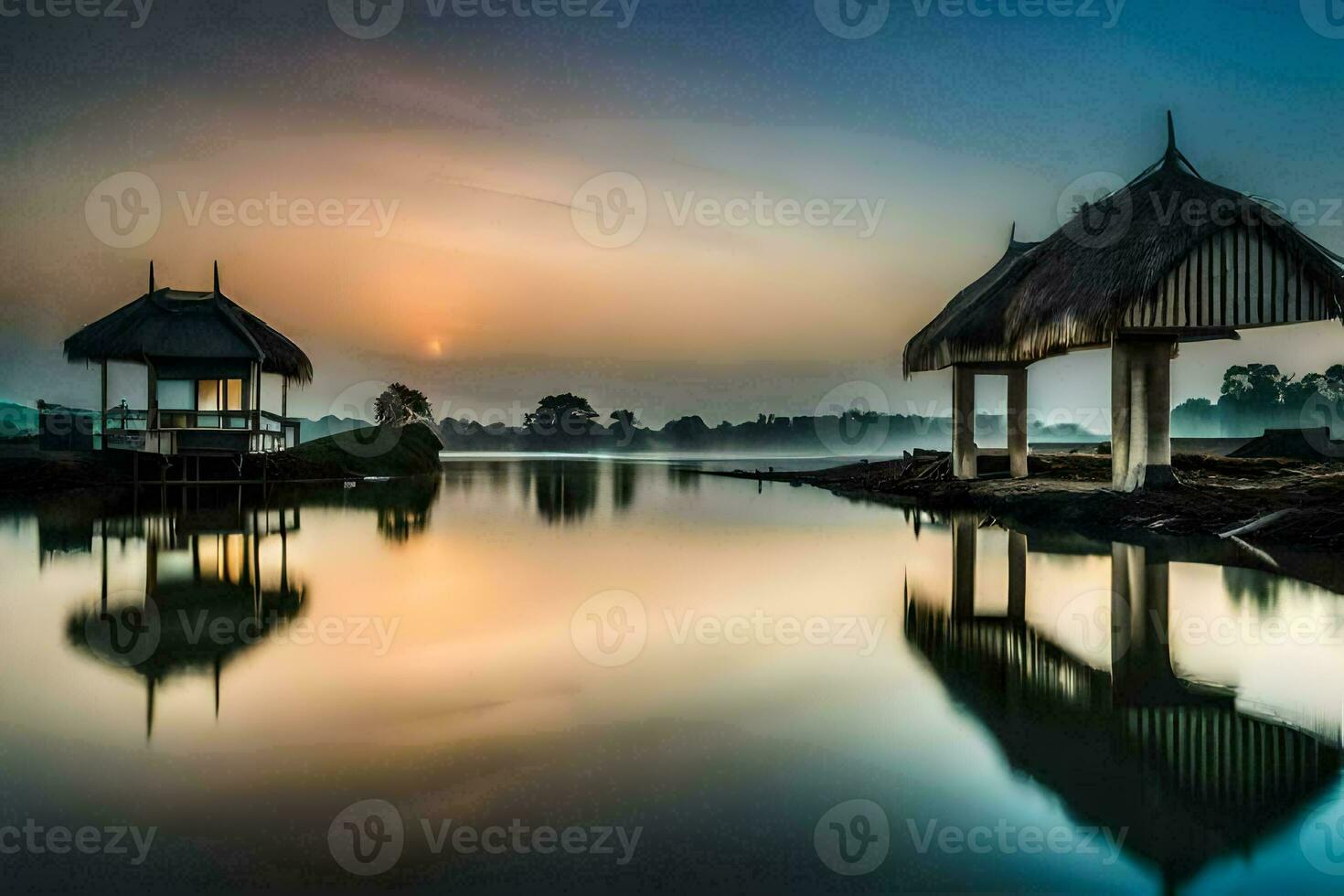 a lake with a hut and a boat in the background. AI-Generated photo