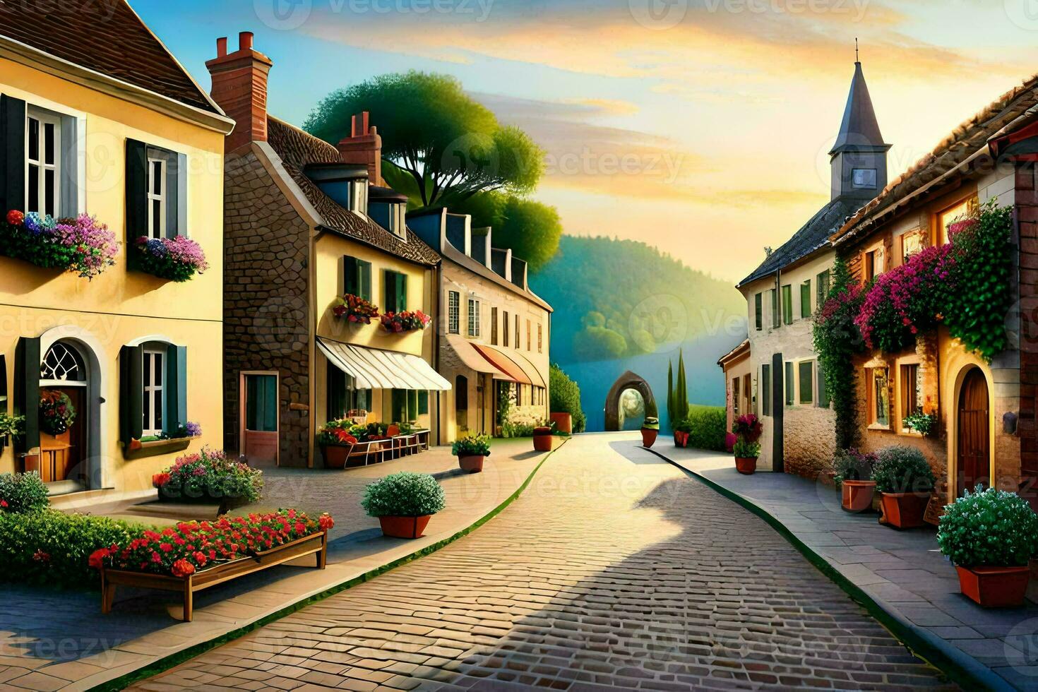 an image of a street in a village. AI-Generated photo