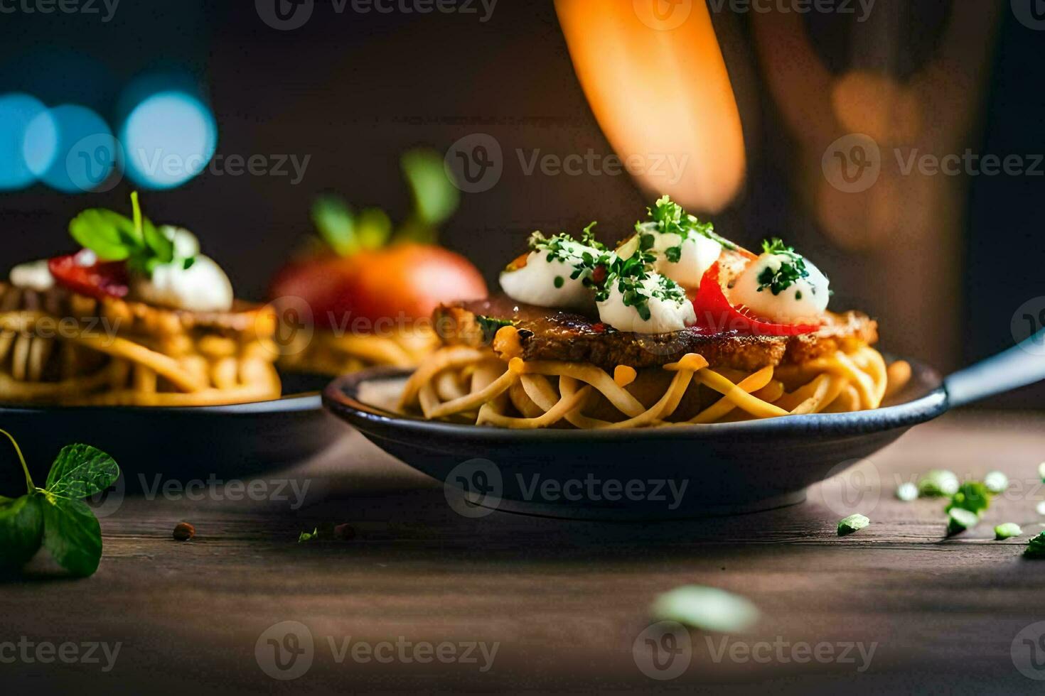 two bowls of pasta with tomatoes and cheese. AI-Generated photo
