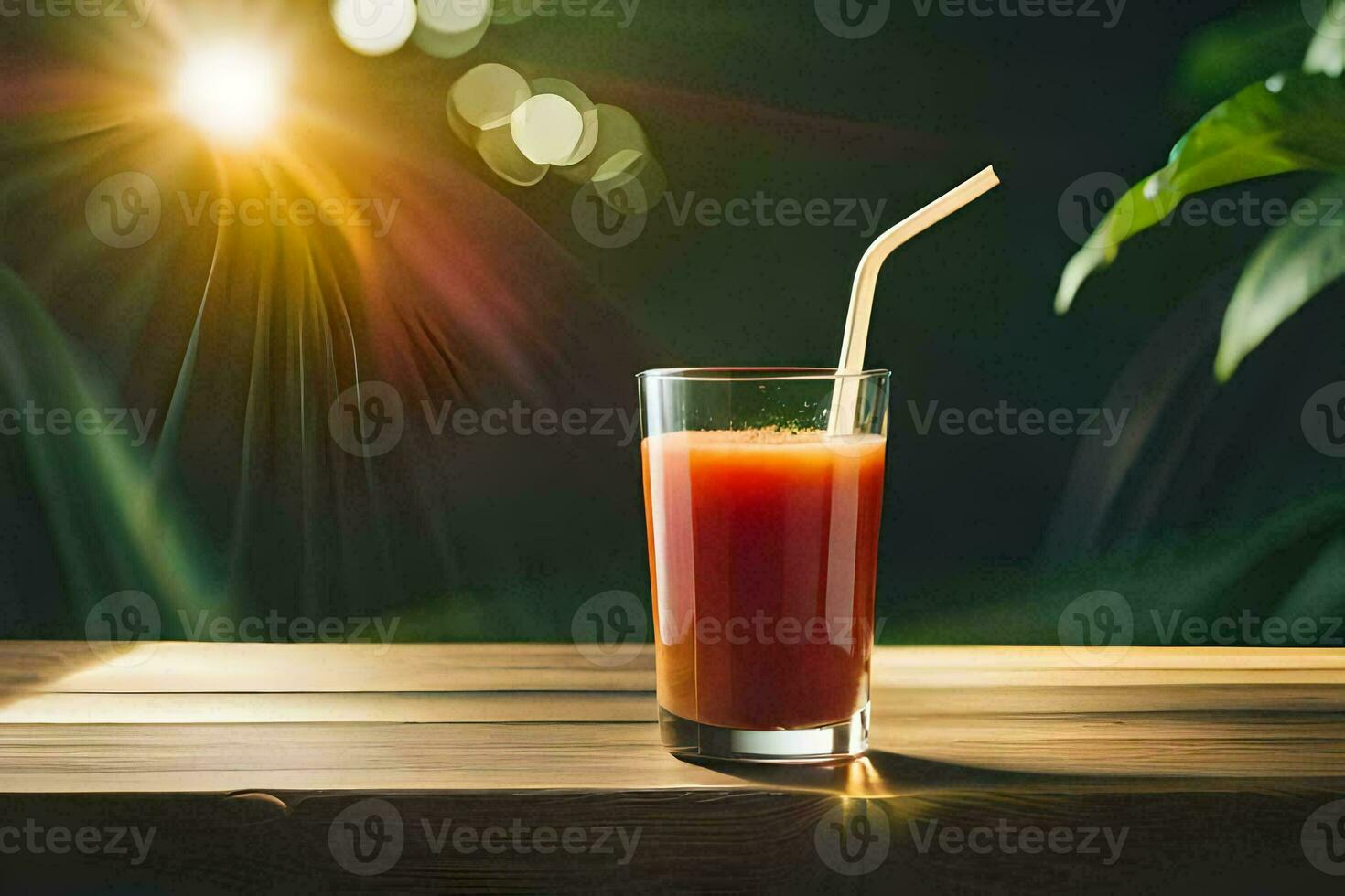 a glass of juice on a wooden table. AI-Generated photo