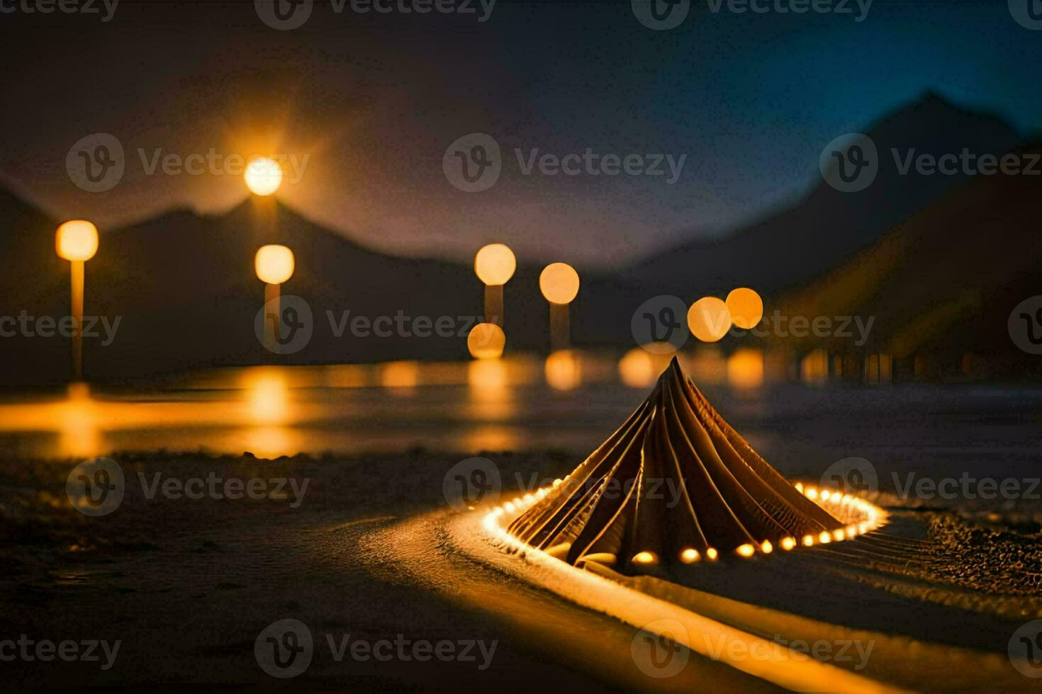 a wooden structure is sitting on the sand with lights. AI-Generated photo