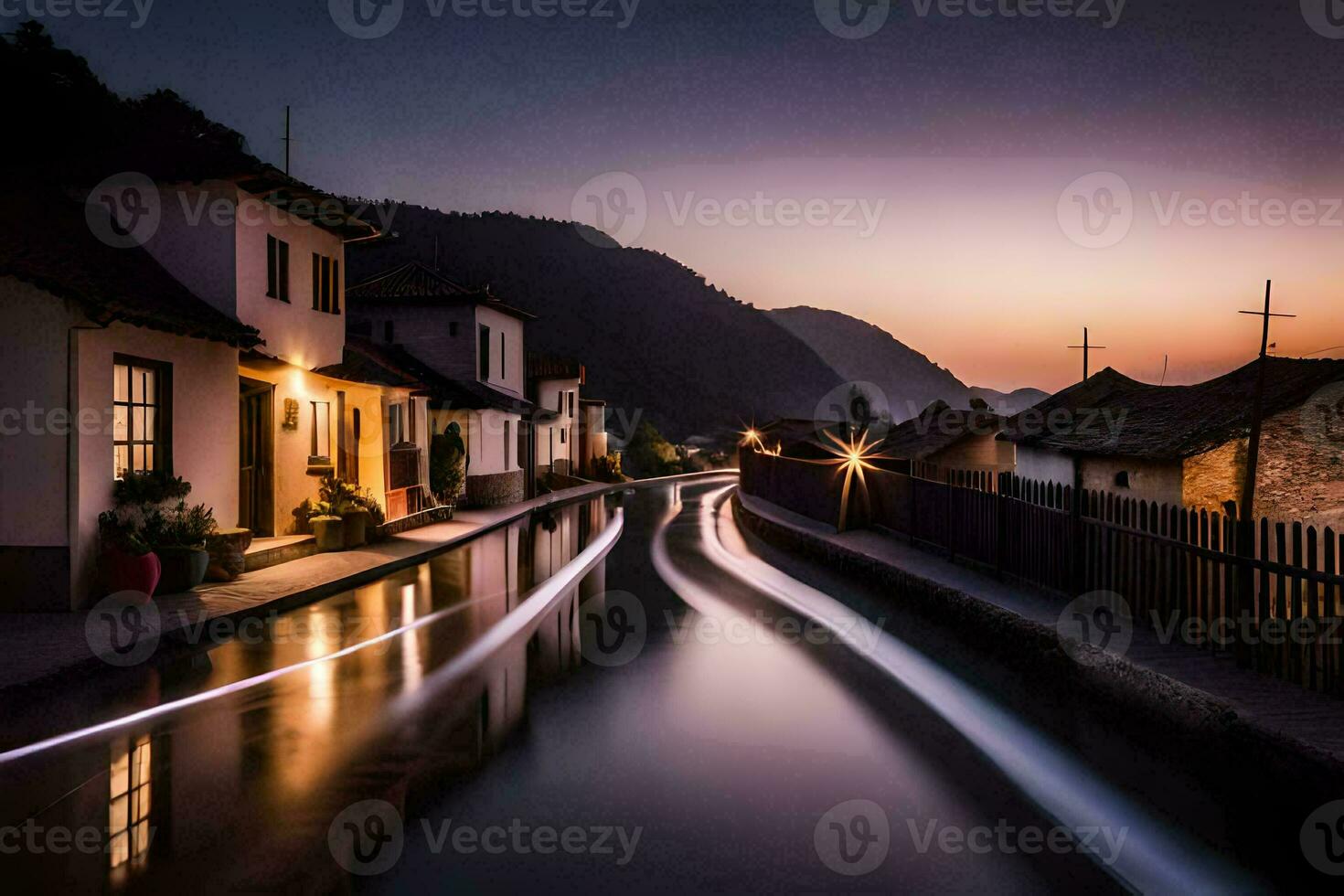 a long exposure photo of a river at dusk. AI-Generated