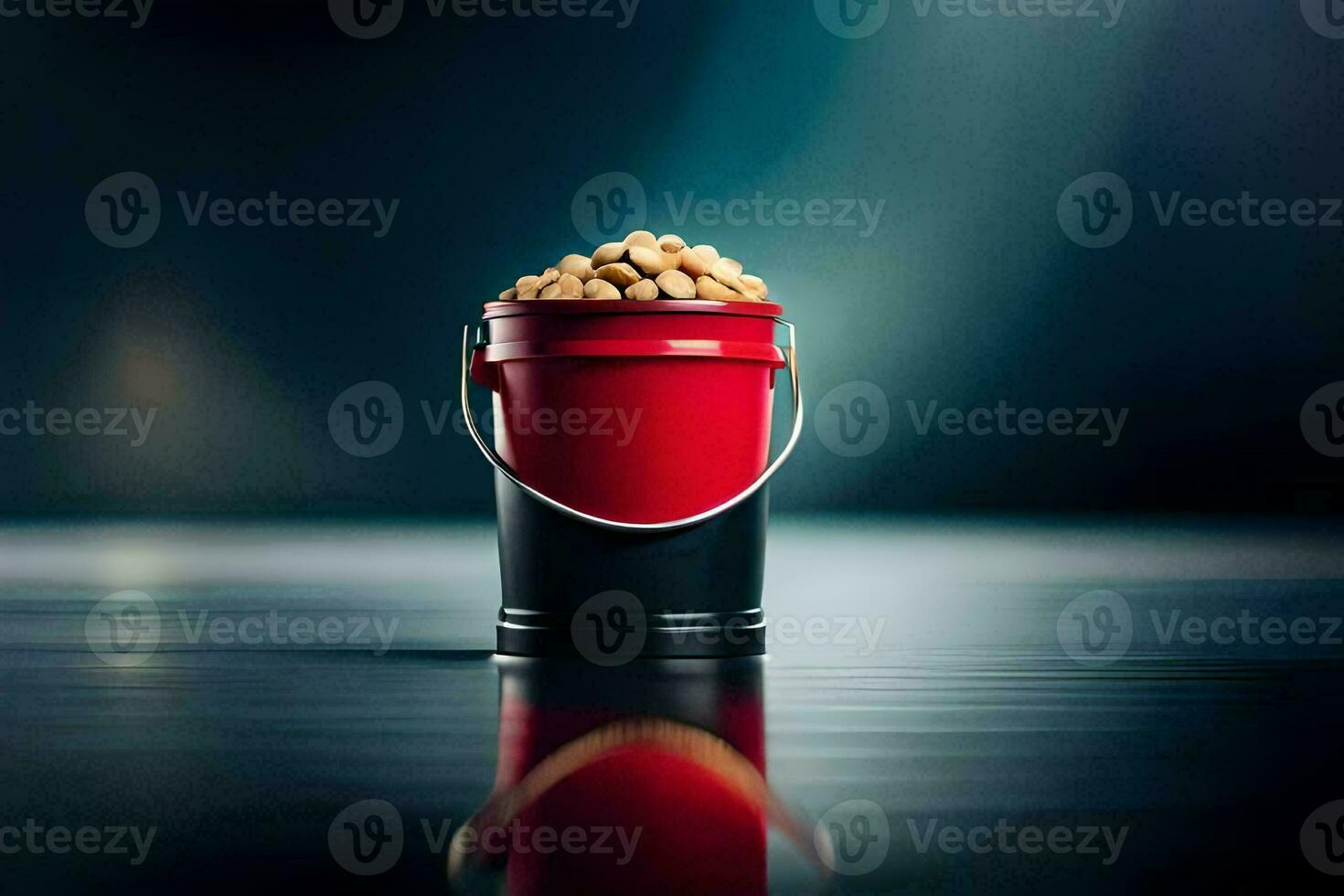 a red bucket filled with peanuts on a table. AI-Generated photo