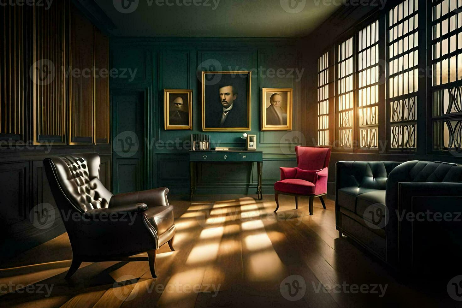 a room with a chair, a painting and a lamp. AI-Generated photo