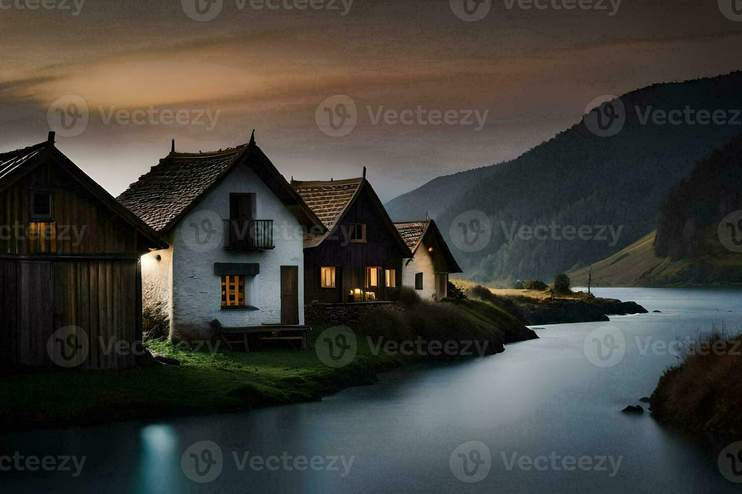 a river runs through a village at dusk. AI-Generated photo