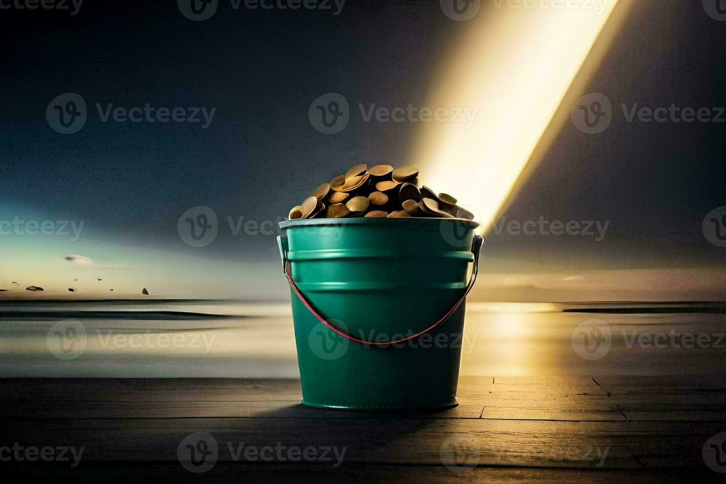 a bucket filled with coins on a wooden deck. AI-Generated photo