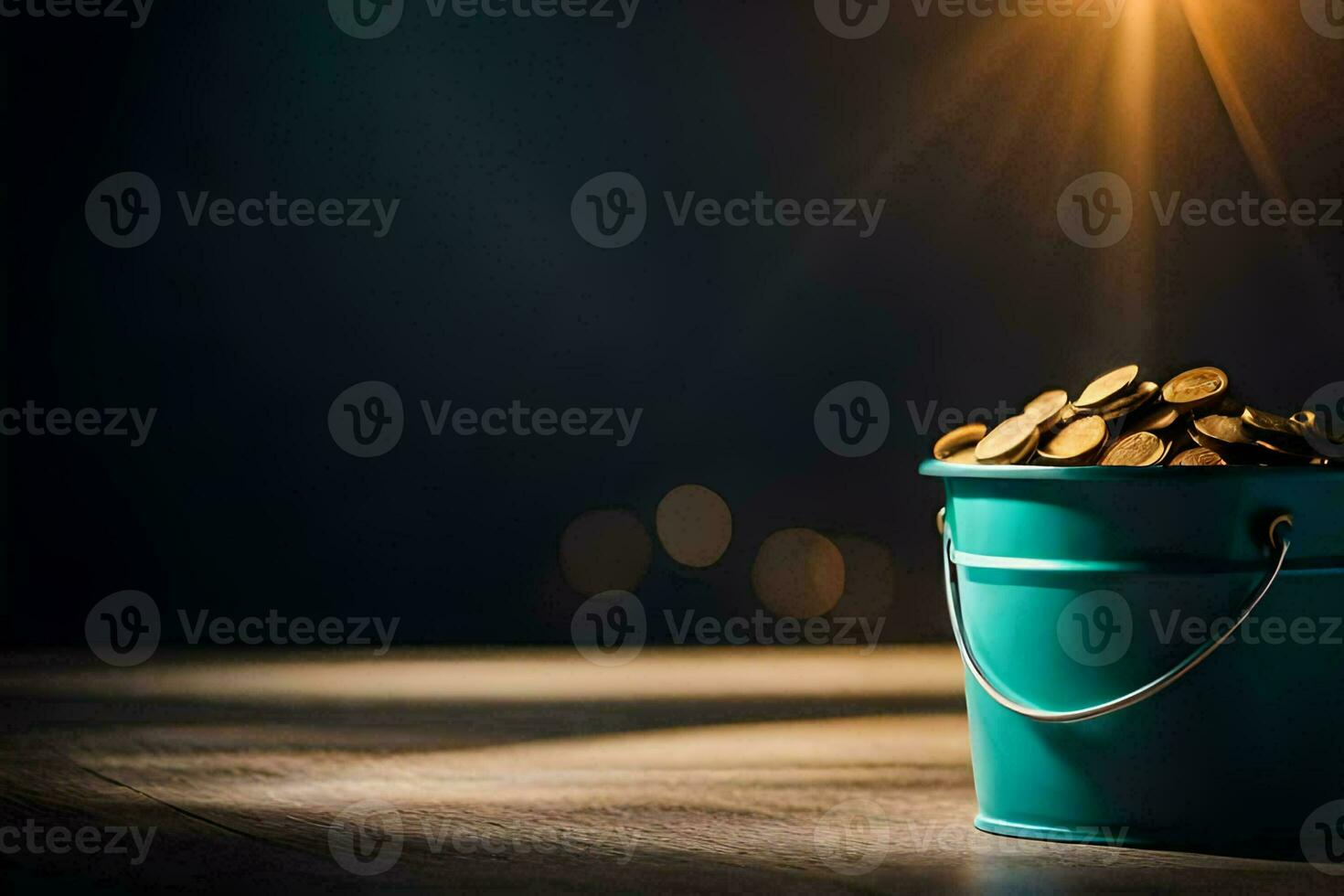 a bucket filled with coins on a table. AI-Generated photo