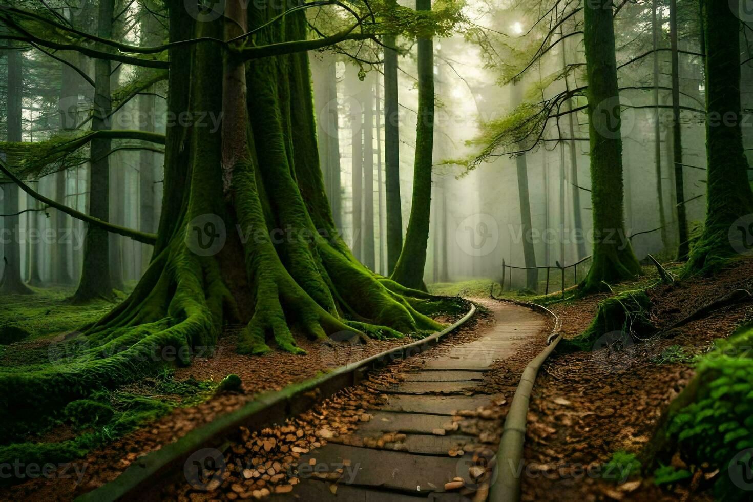 a path through a forest with trees and fog. AI-Generated photo