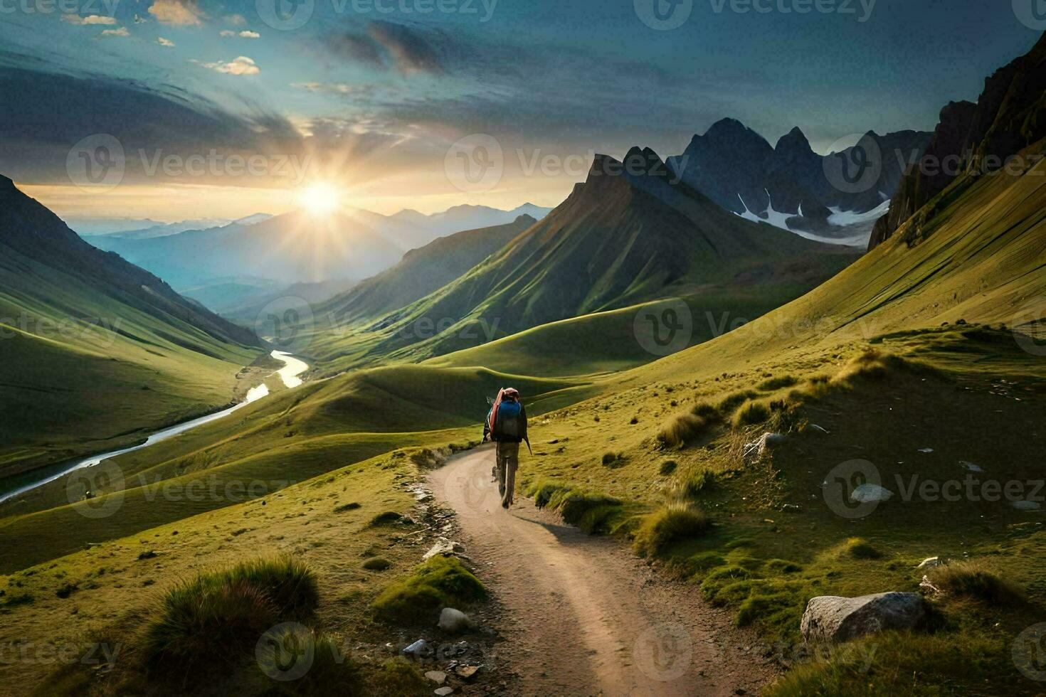 the man is walking on the path in the mountains. AI-Generated photo