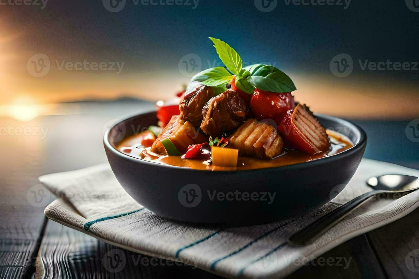 a bowl of food with a sunset in the background. AI-Generated photo