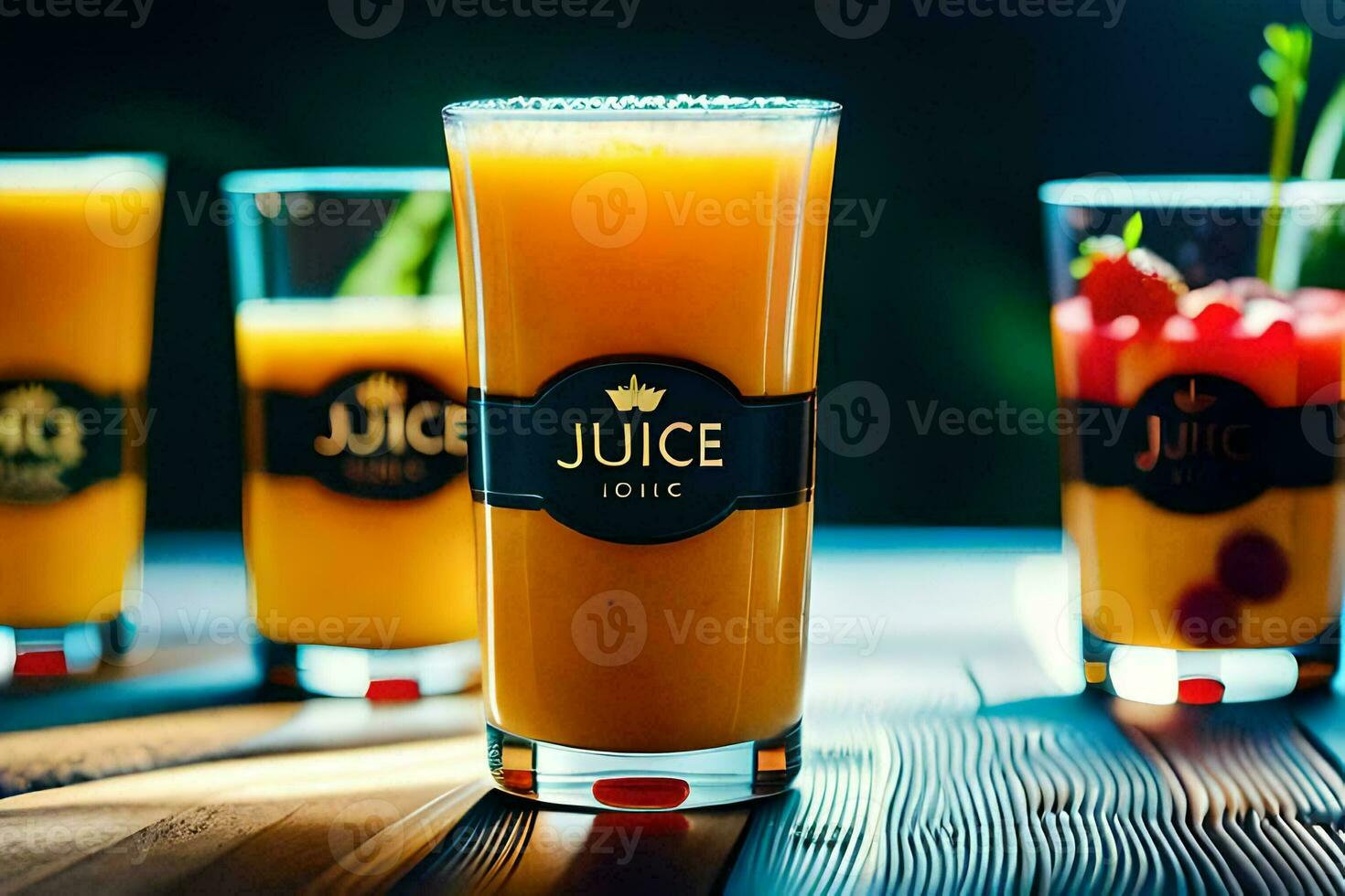 juice in glasses on a wooden table. AI-Generated photo