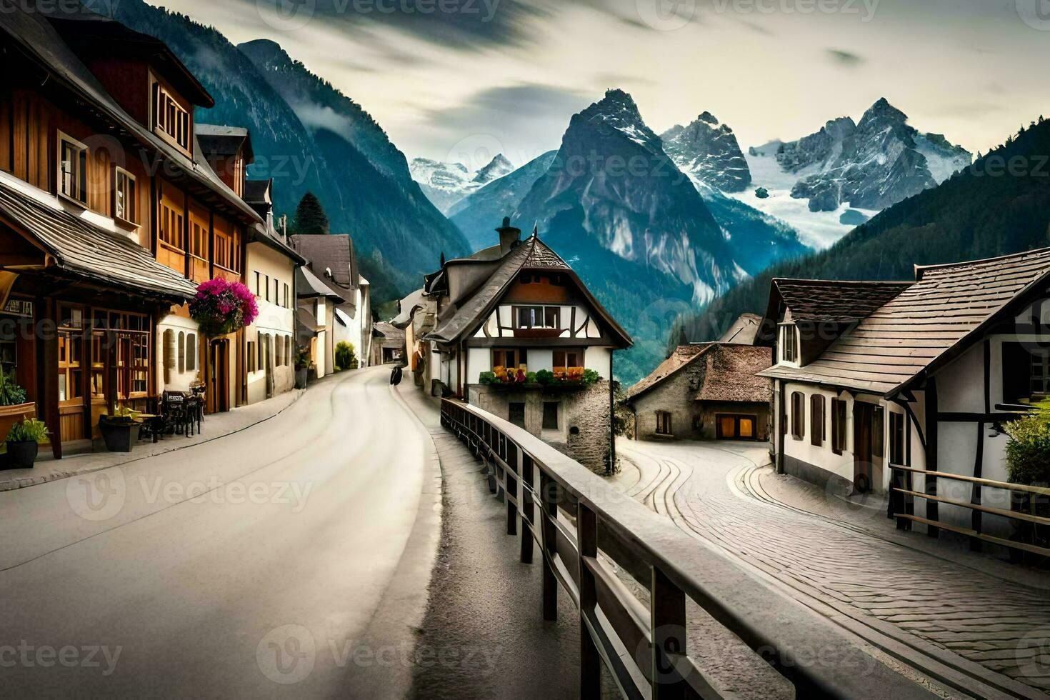 a street in the mountains with houses and mountains in the background. AI-Generated photo