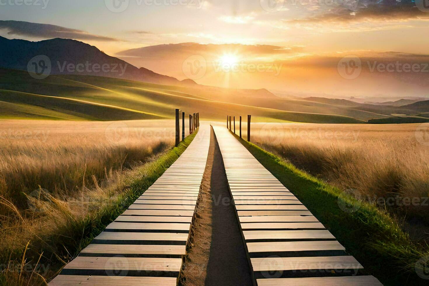 a wooden walkway leads to the sun in the distance. AI-Generated photo