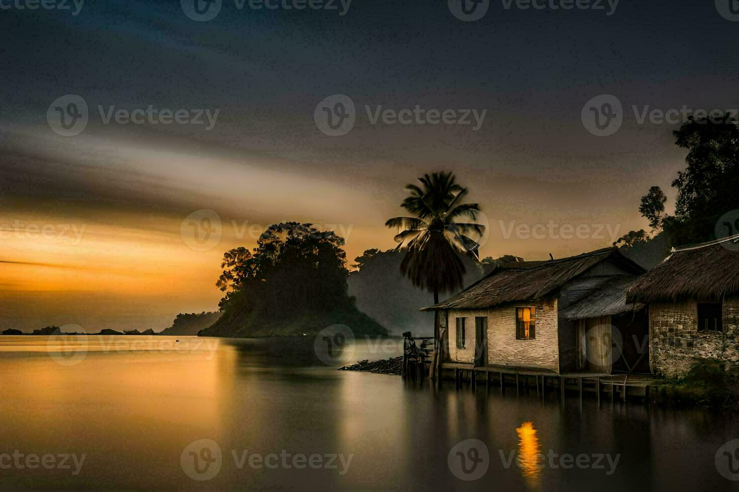 a small house sits on the shore of a lake at sunset. AI-Generated photo