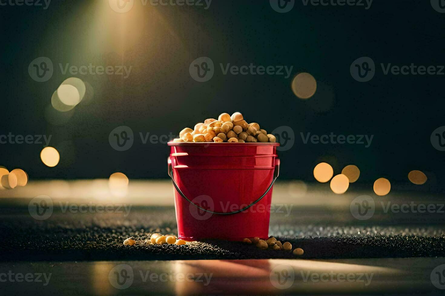 a bucket of popcorn on a table with lights in the background. AI-Generated photo