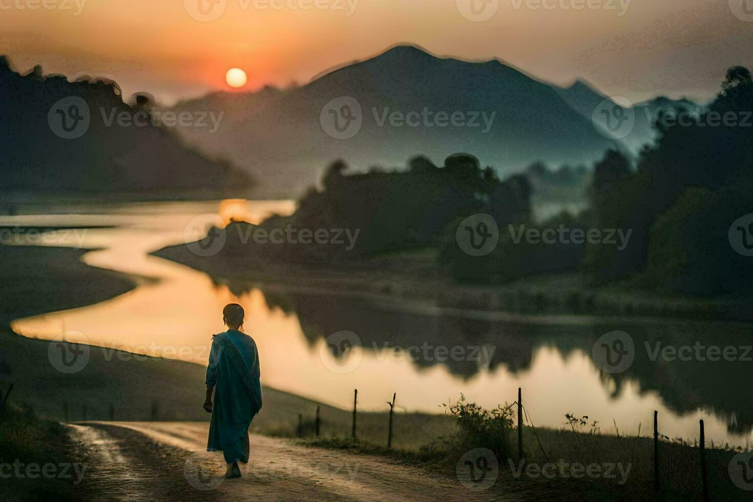 a woman walks down a road at sunset. AI-Generated photo