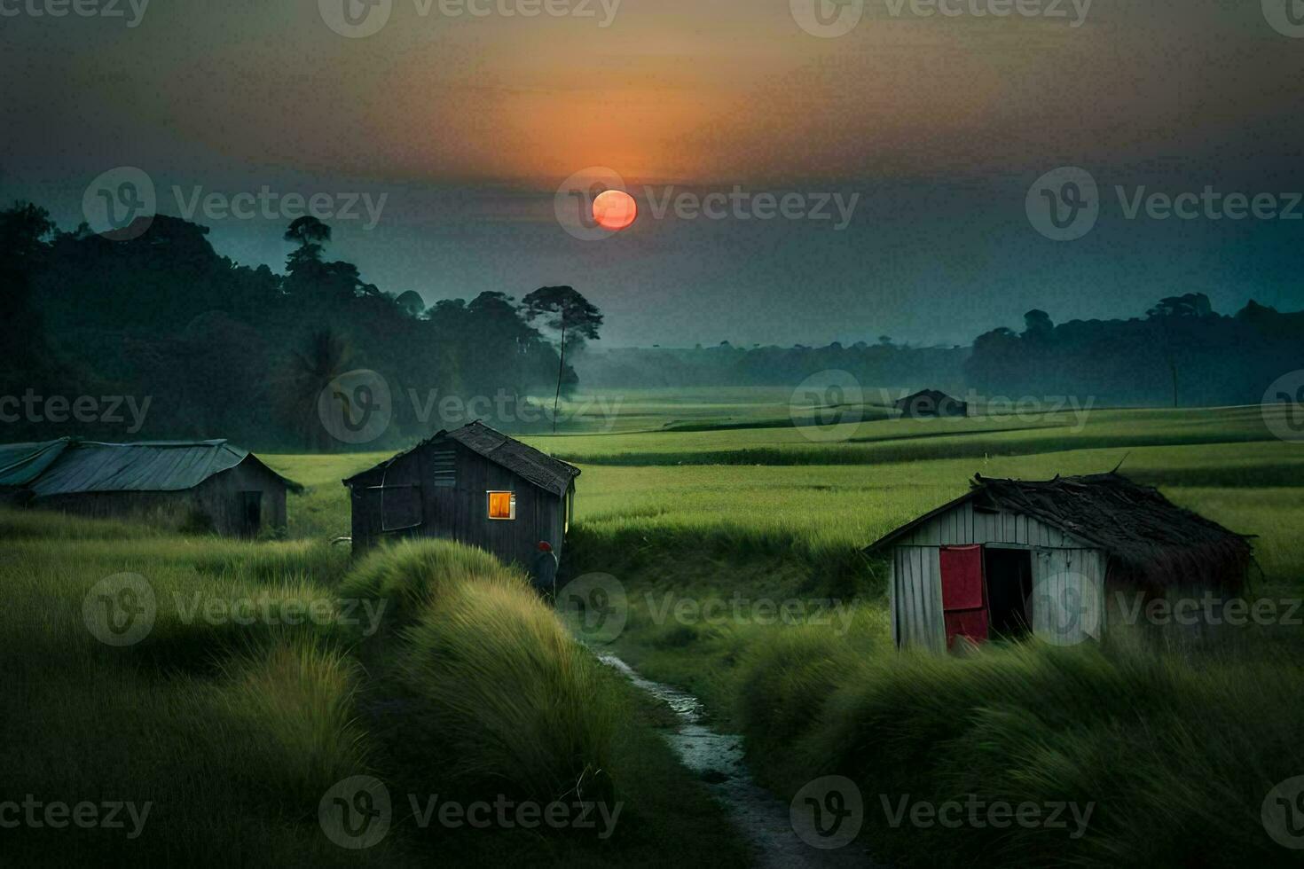 a small hut in the middle of a field with a sun setting behind it. AI-Generated photo