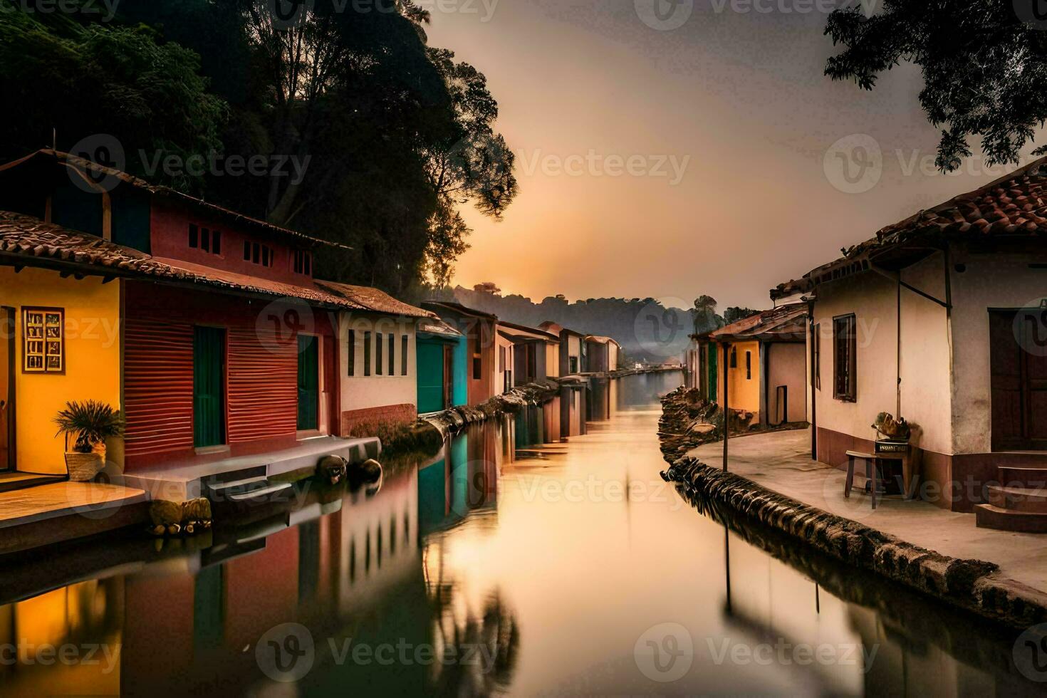 colorful houses line a canal at sunset. AI-Generated photo