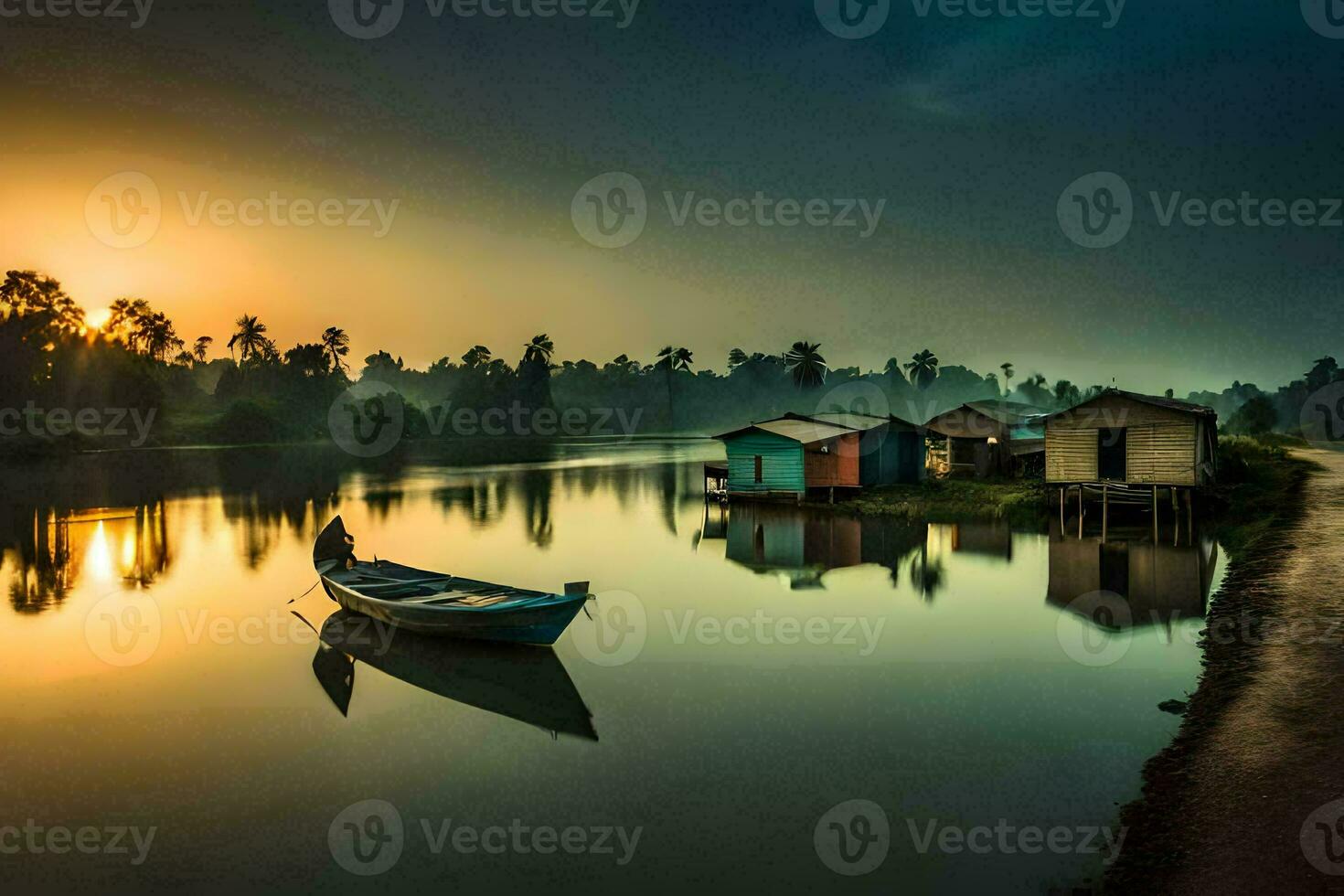 a boat sits on the water at sunset. AI-Generated photo