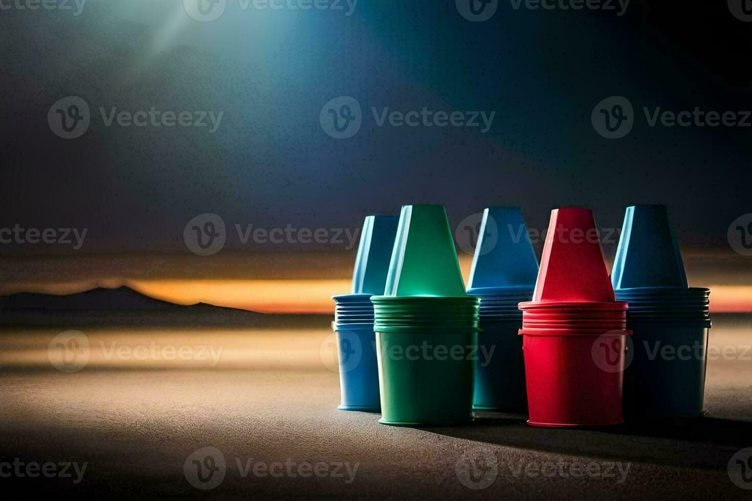 four colorful plastic cups are lined up on a table. AI-Generated photo
