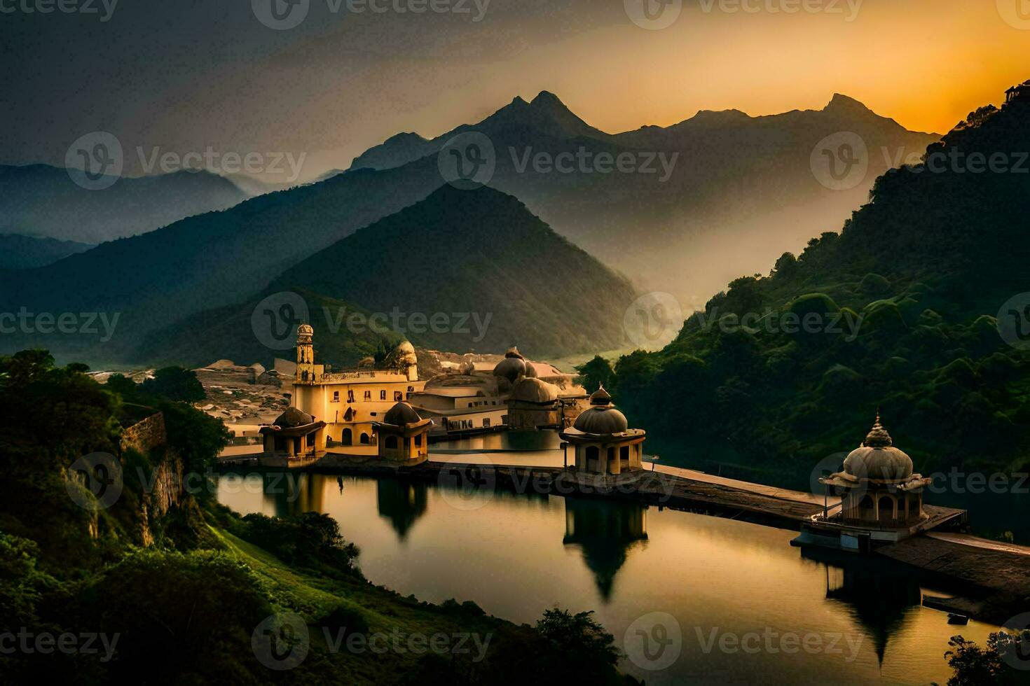 the sun sets over a lake and a palace in india. AI-Generated photo