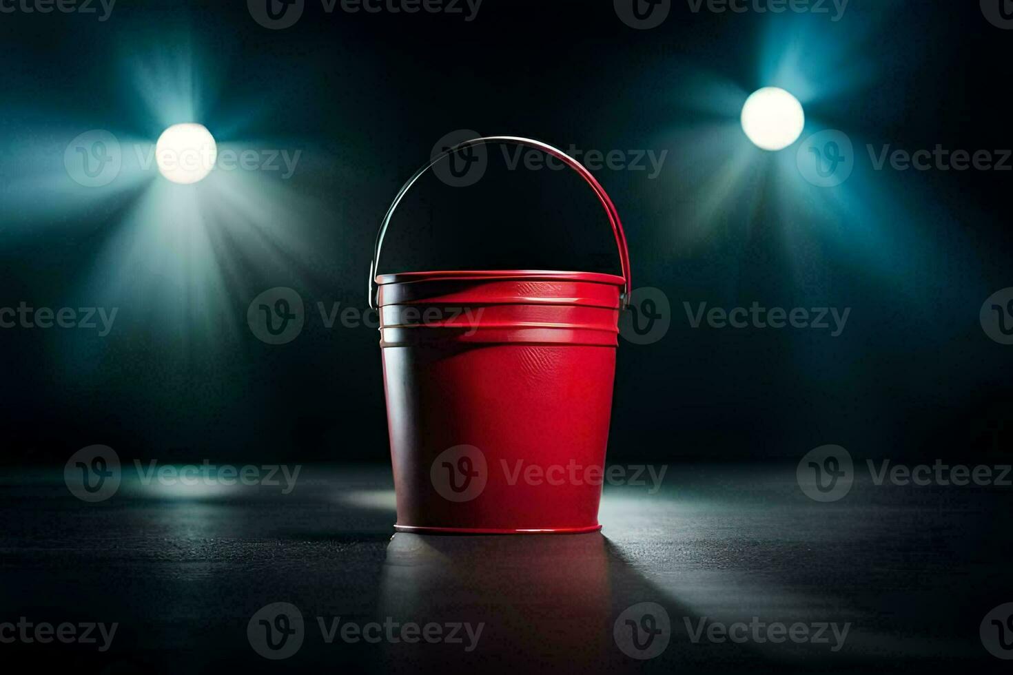 a red bucket on a dark floor with lights. AI-Generated photo
