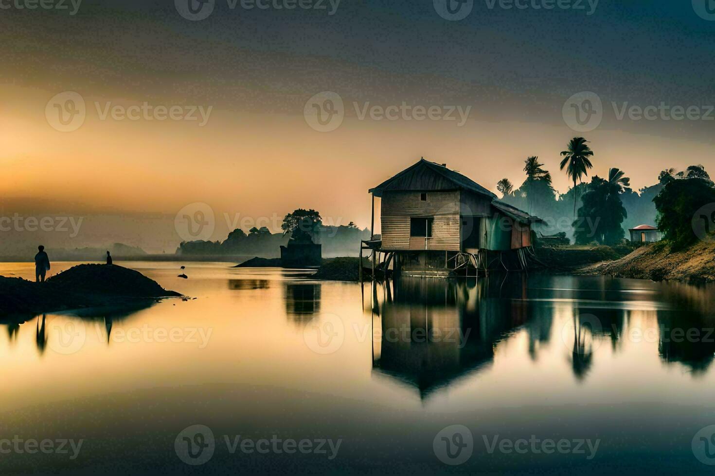 un casa en el agua a puesta de sol con un brumoso cielo. generado por ai foto