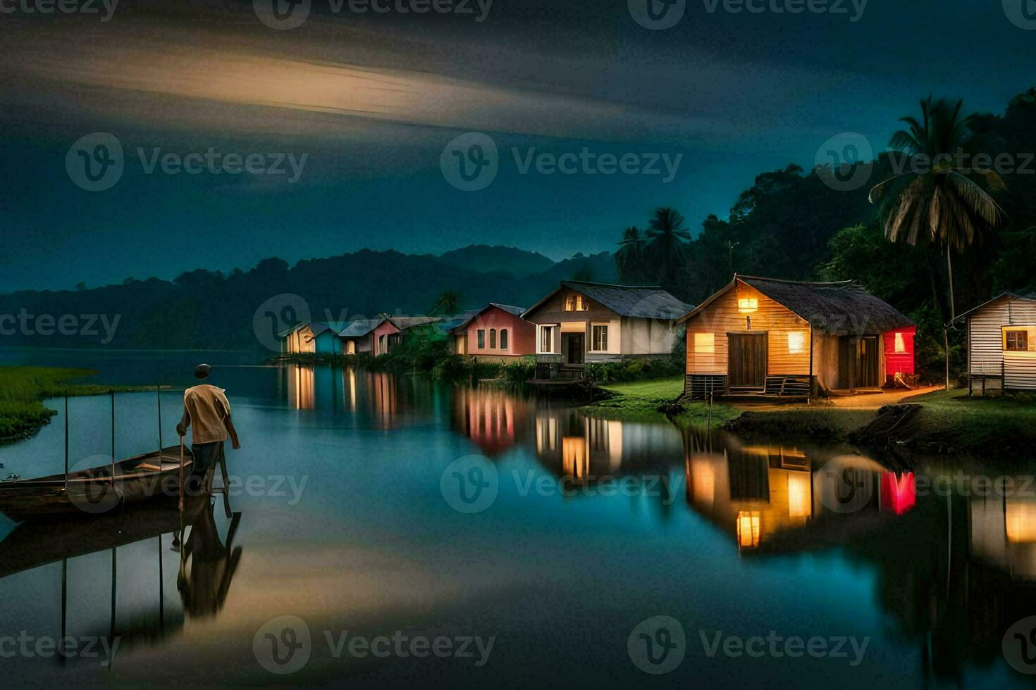 a boat is docked in front of a house at night. AI-Generated photo