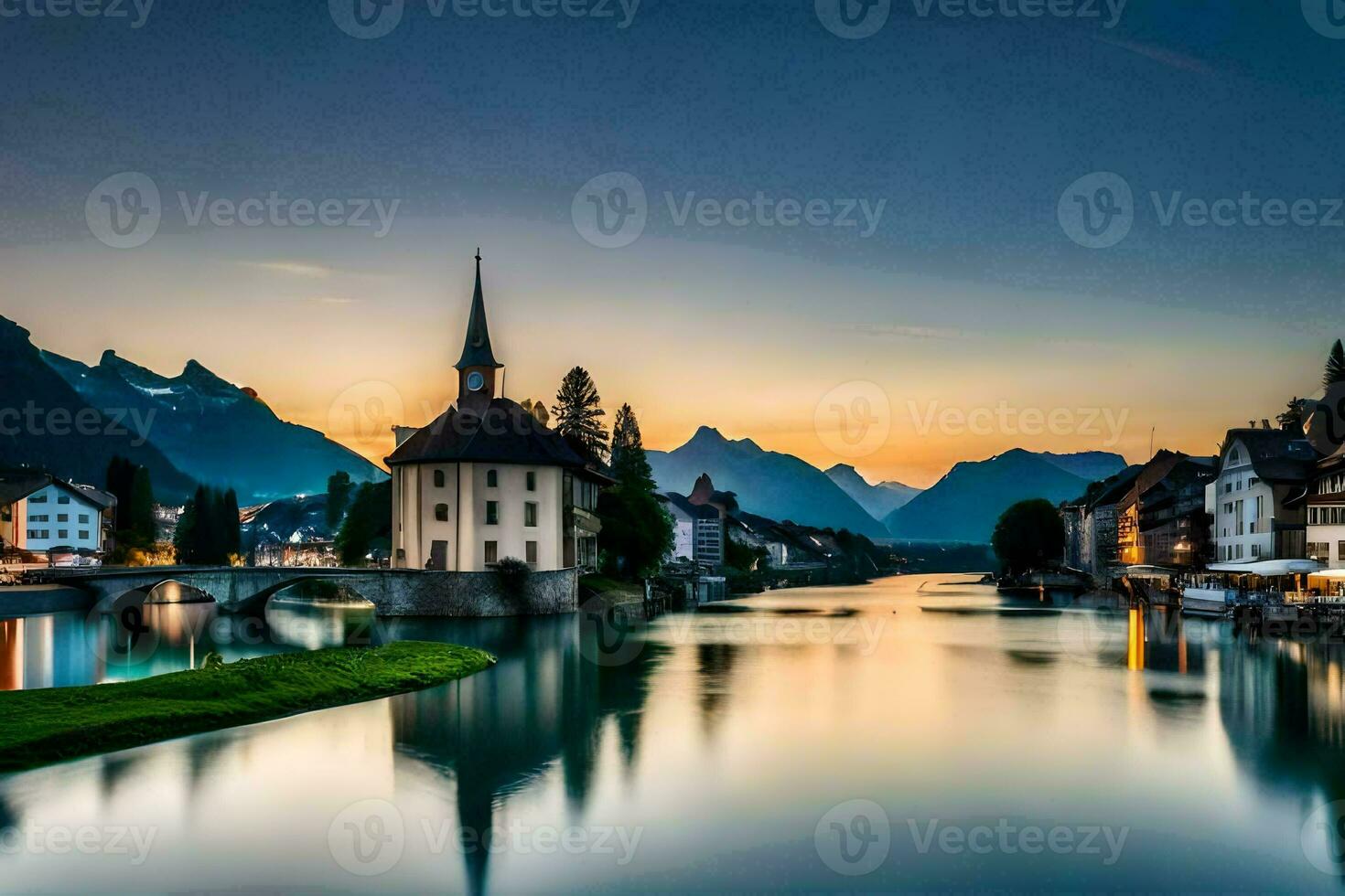 the sun sets over a river in switzerland. AI-Generated photo