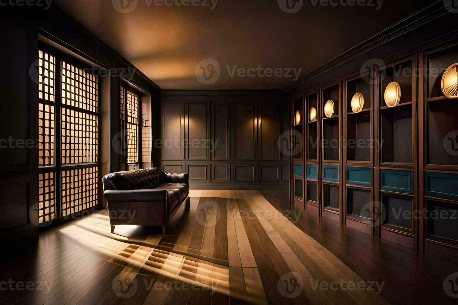 a room with wooden floors and black walls. AI-Generated photo