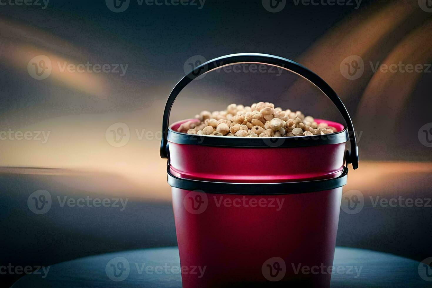 a red bucket filled with food sitting on a table. AI-Generated photo