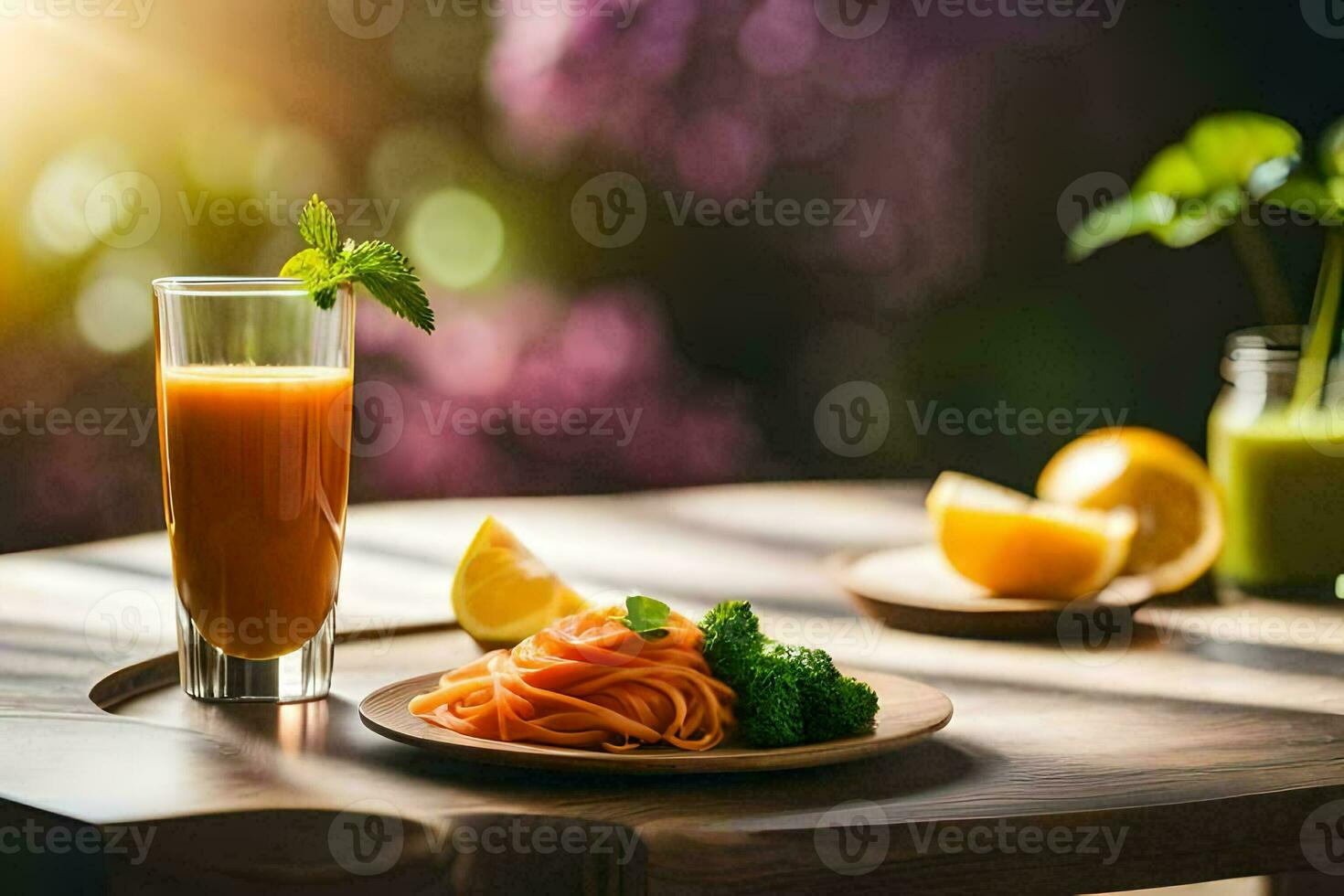 un plato de comida con un vaso de jugo y vegetales. generado por ai foto