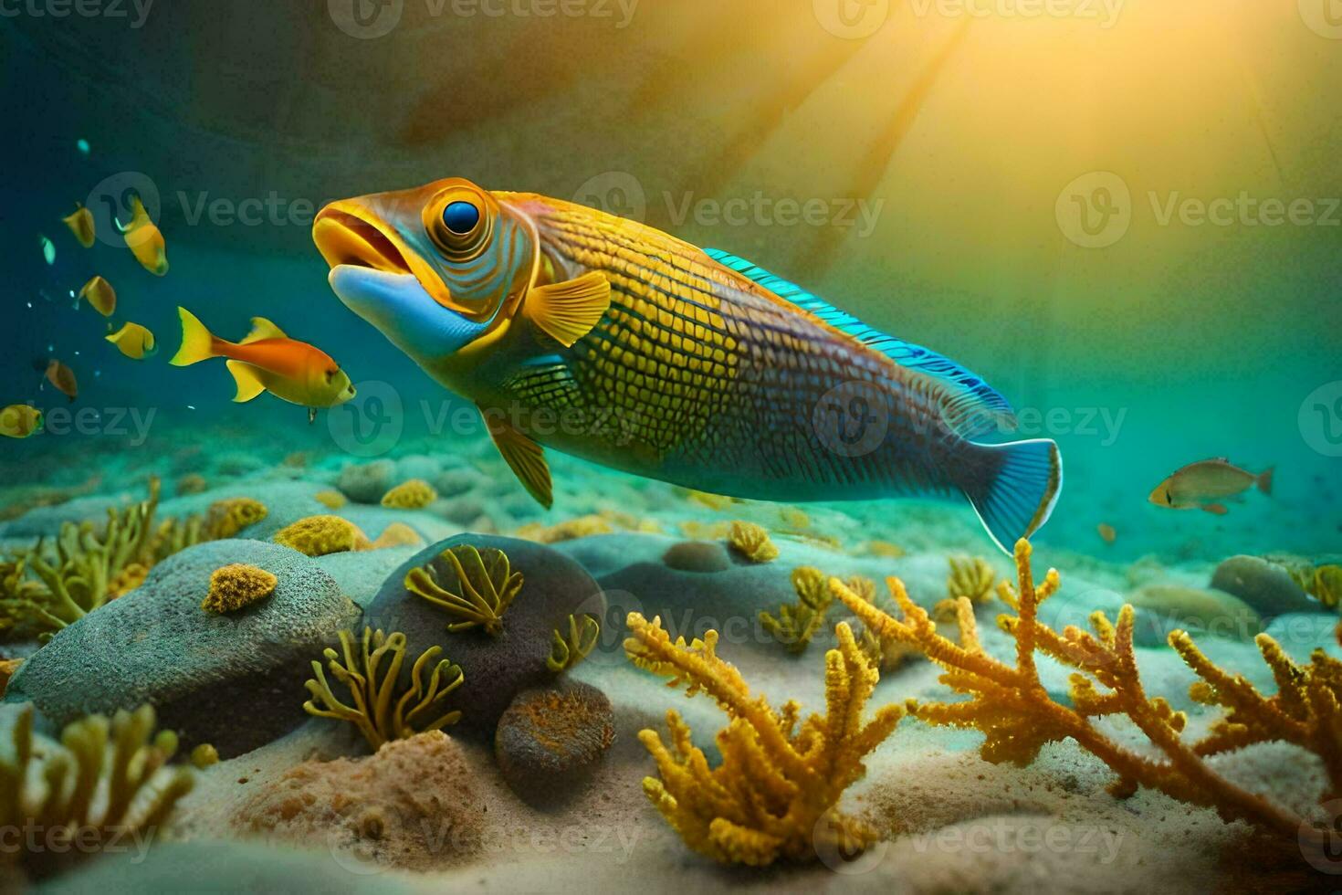 an underwater scene with a colorful fish. AI-Generated photo