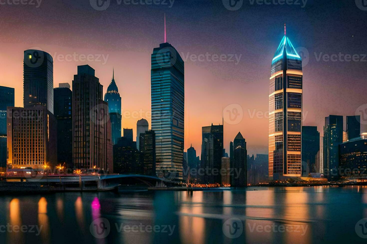 the city skyline at night with lights reflecting off the water. AI-Generated photo