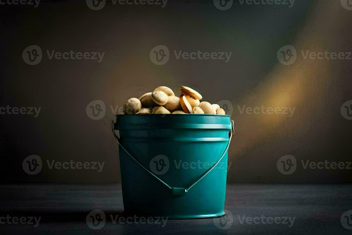 a bucket filled with peanuts on a dark table. AI-Generated photo
