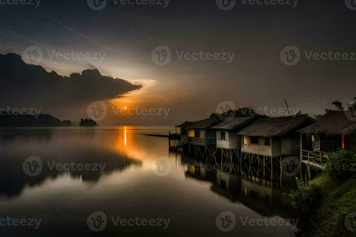the sun sets over a lake with houses on stilts. AI-Generated photo