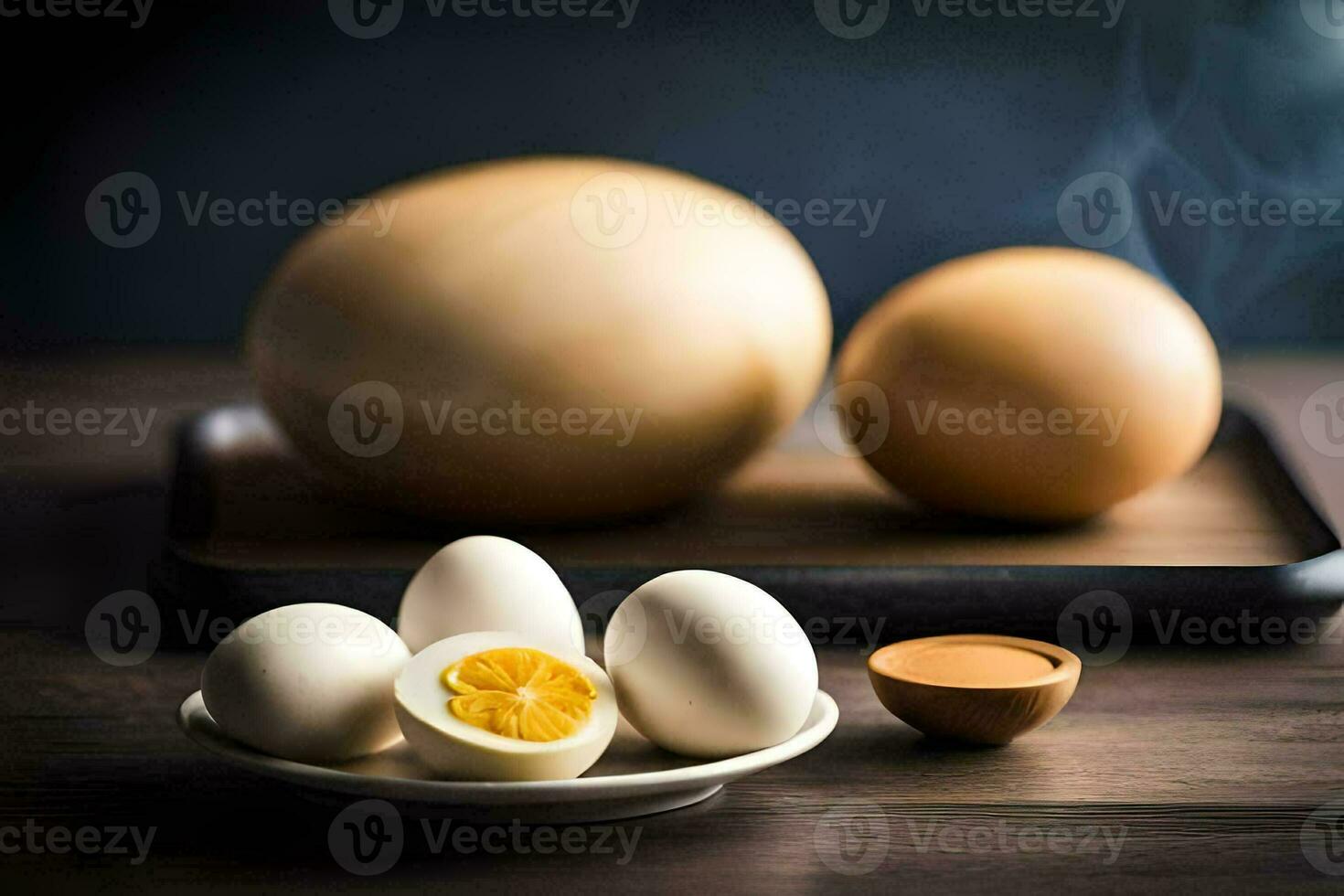 a bowl of eggs and a half of an egg. AI-Generated photo