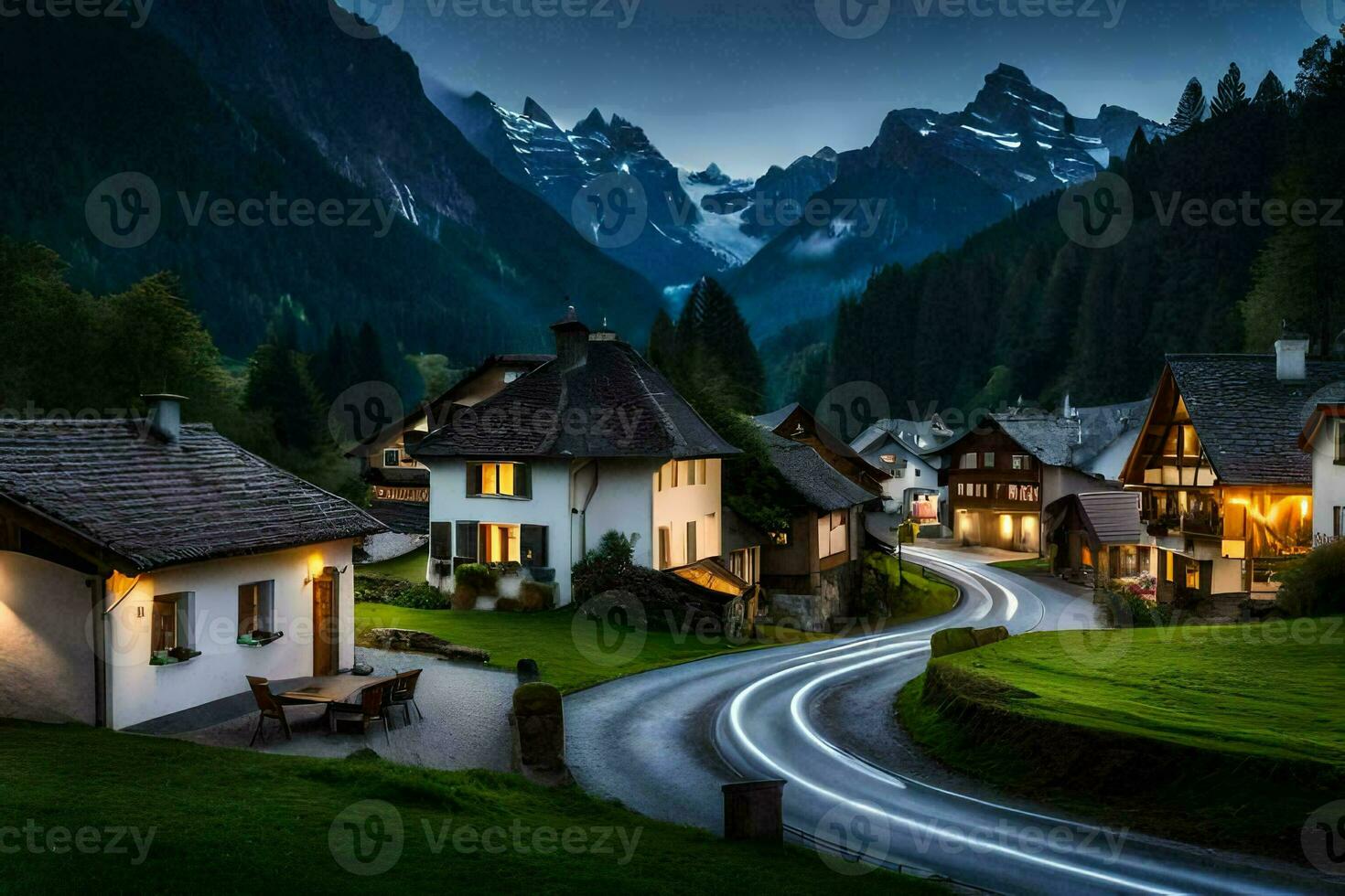 a village in the mountains at night. AI-Generated photo