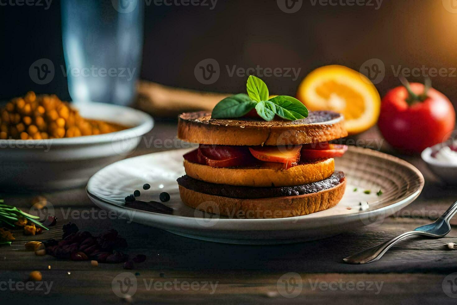 a sandwich with fruit and vegetables on a plate. AI-Generated photo