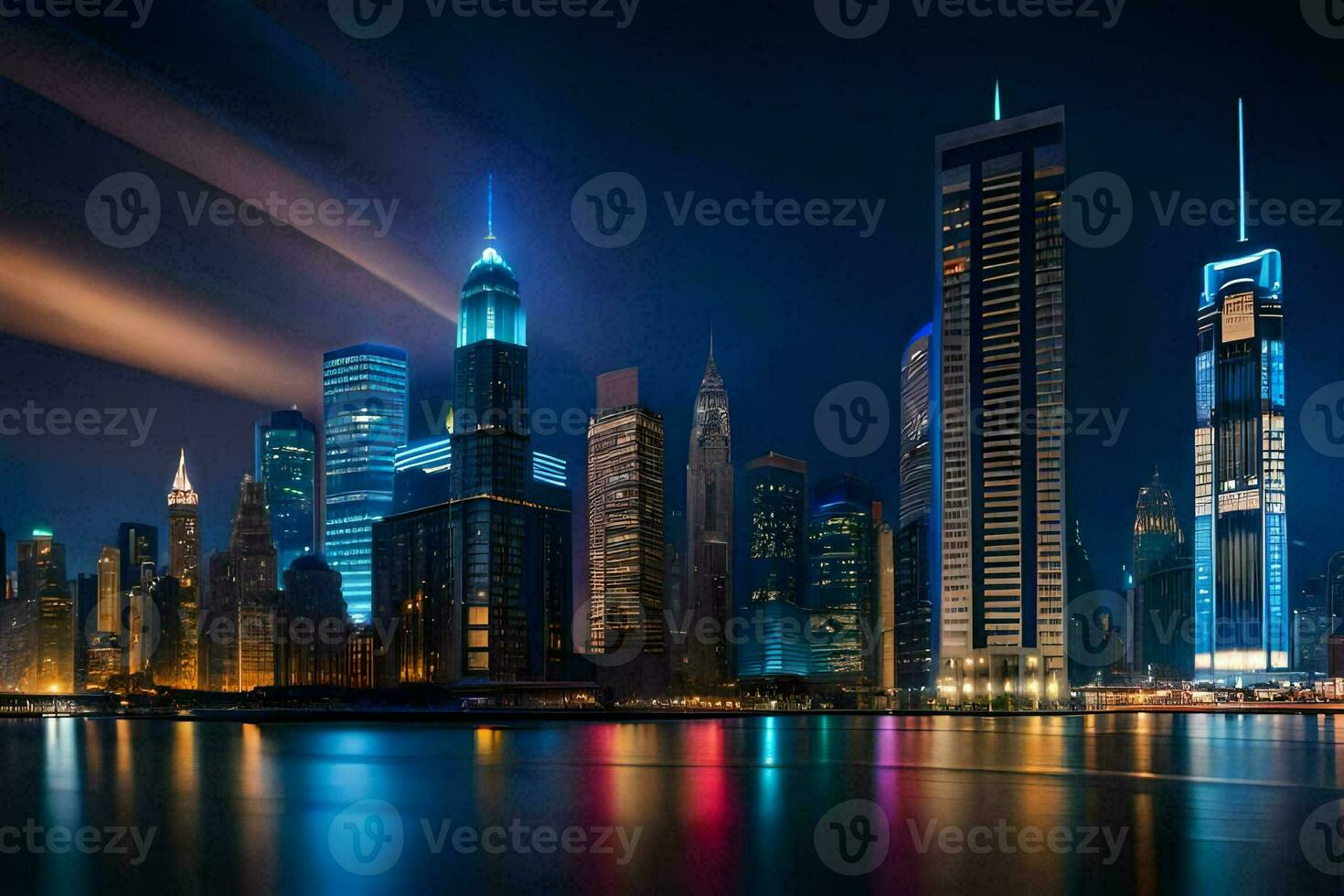 the city skyline at night with lights shining. AI-Generated photo