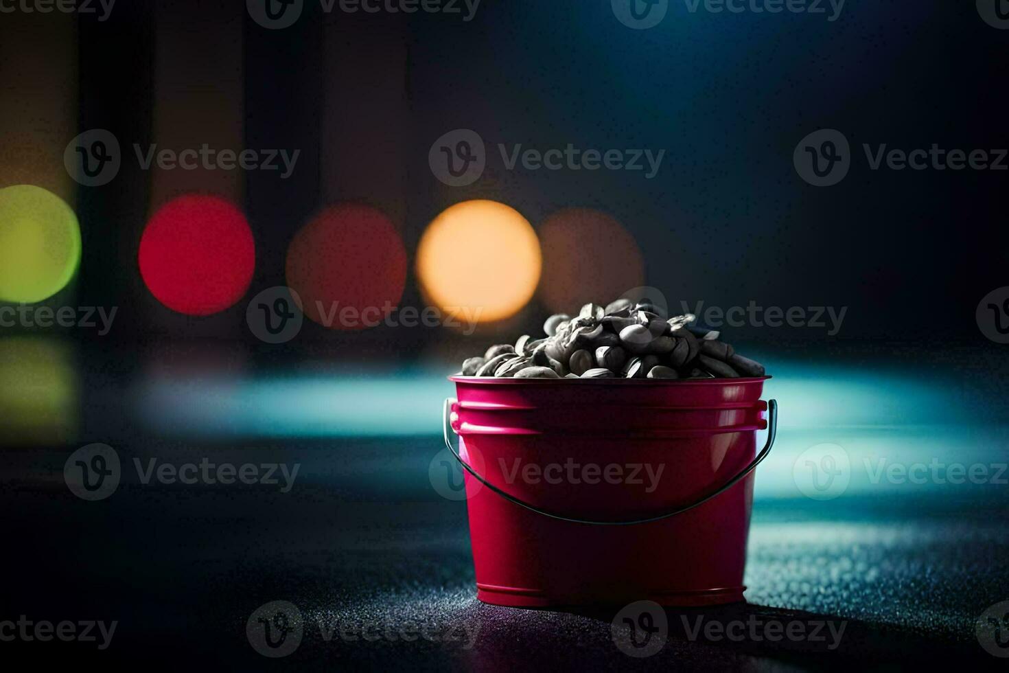 a red bucket filled with gravel sitting on a dark floor. AI-Generated photo