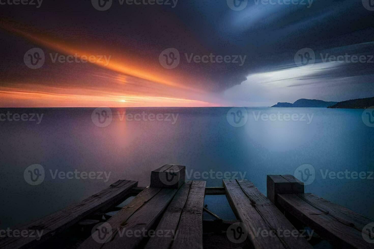 a wooden dock in the ocean with a sunset. AI-Generated photo